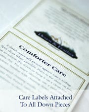 Care label attached to down comforter