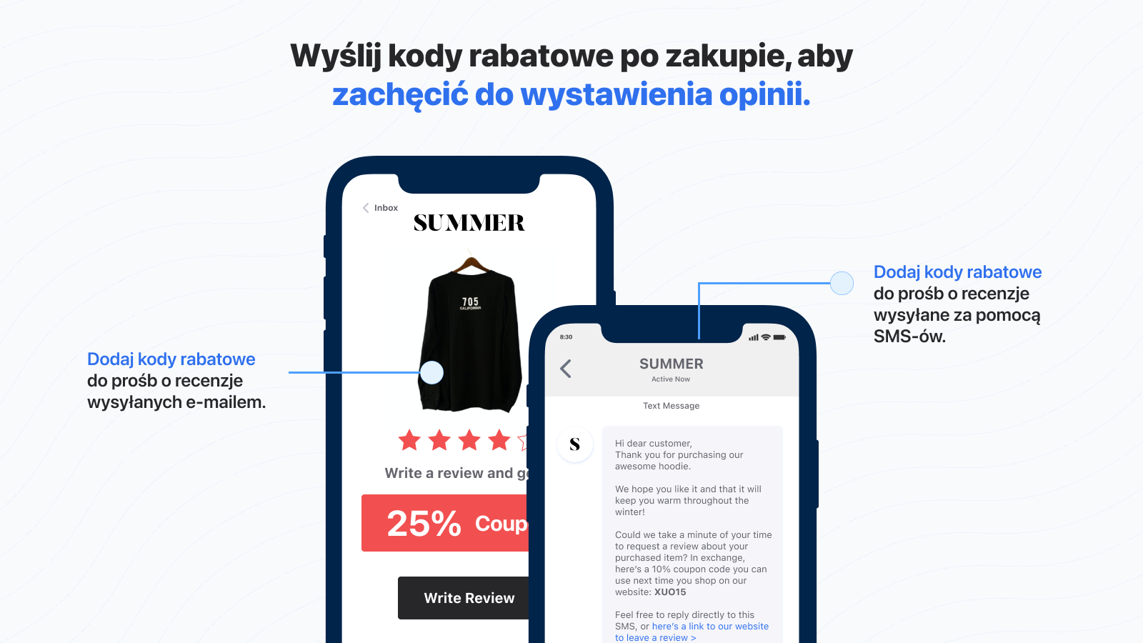 Kupony i rabaty w prośbach o opinie przez e-mail i SMS.
