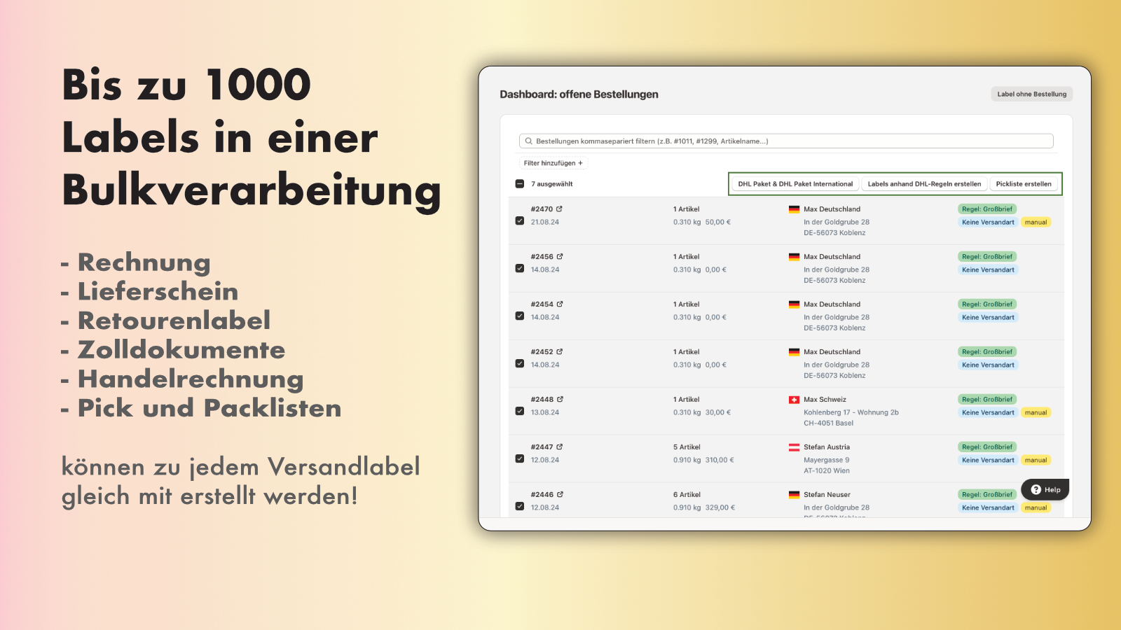 DHL Bulk Versandlabels in Shopify