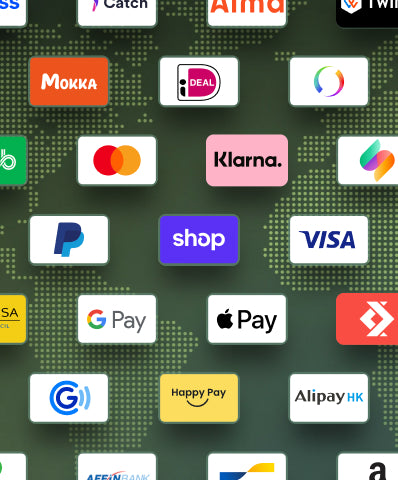 Type of graphic showing a green-tinted world map displaying multiple payment logos arranged in a grid, including major credit cards (Visa, Mastercard, Amex), digital wallets (Apple Pay, Google Pay), and regional payment methods (Klarna, Bancontact), showcasing Shopify's global payment capabilities across different markets.