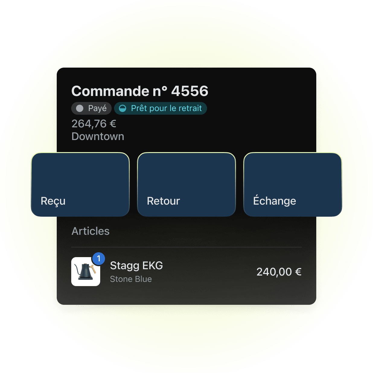 Un écran Shopify PDV montre une commande à retirer en magasin. L’outil propose de fournir un reçu et de procéder à un retour ou à un échange.