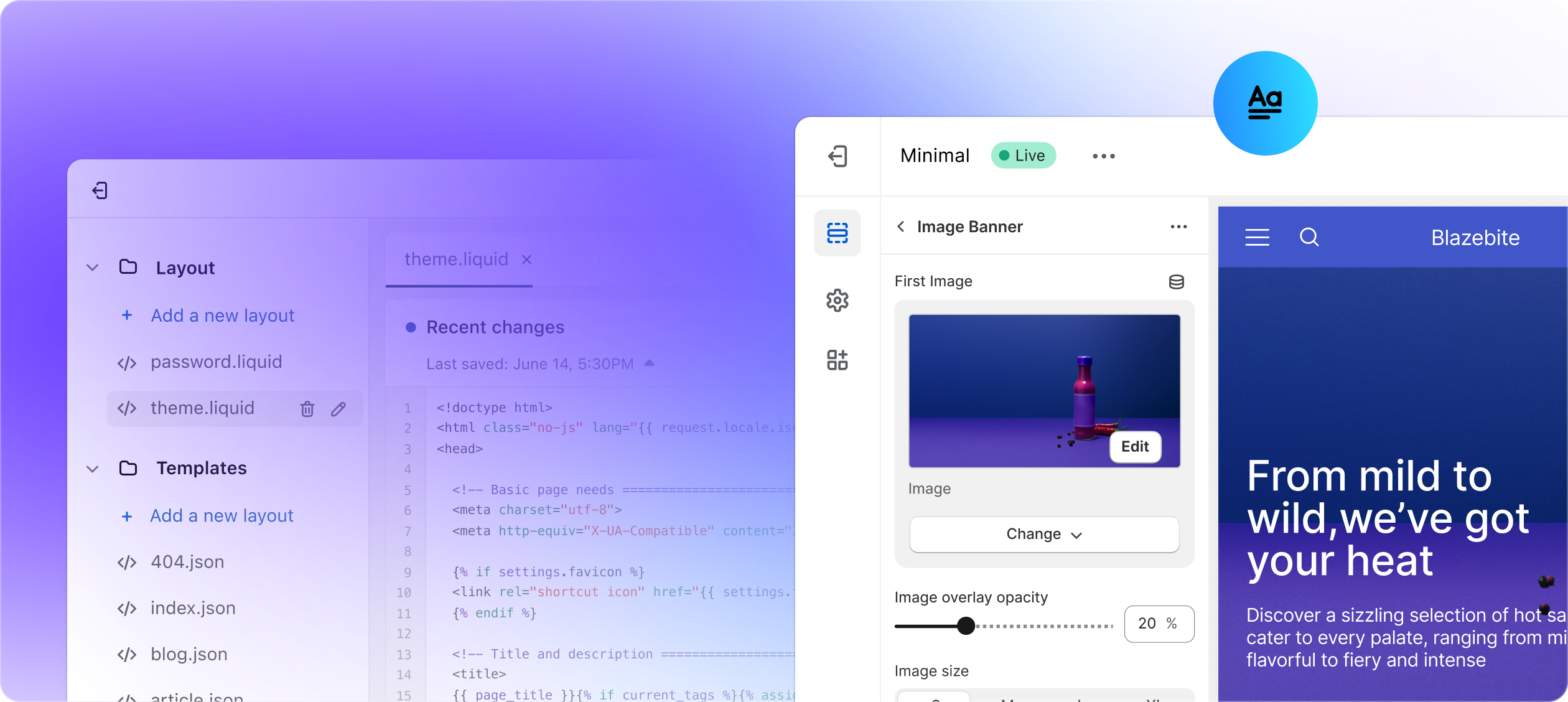 2 obrazovky: ukázka kódu Liquid a editor internetového obchodu Shopify.