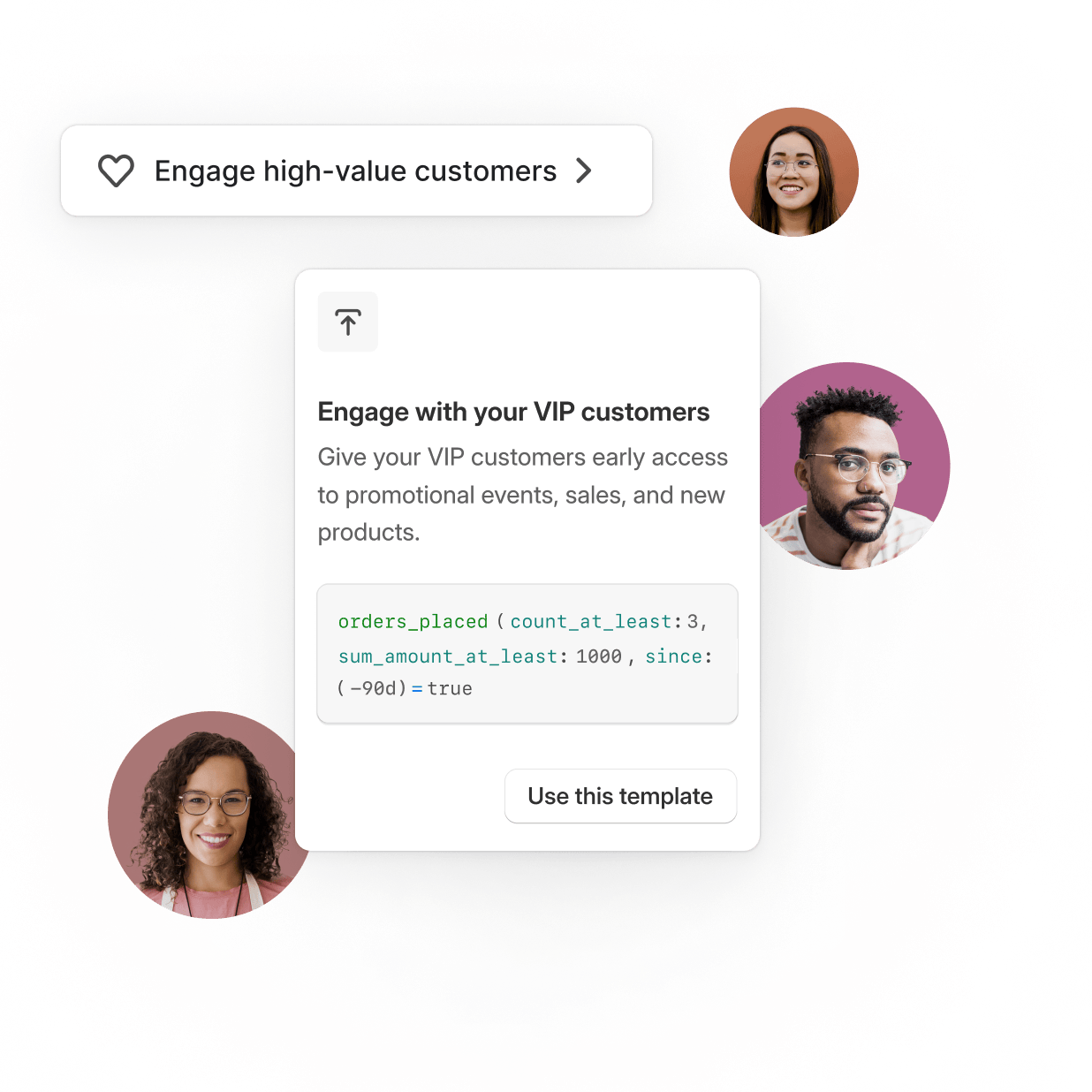 The editor from the customer segments section in the Shopify Admin displays templates for different segments such as engage high-value customer and convert subscribers to first-time customers. Different faces appear in circles around the editor, demonstrating the variety of people each segment represents.