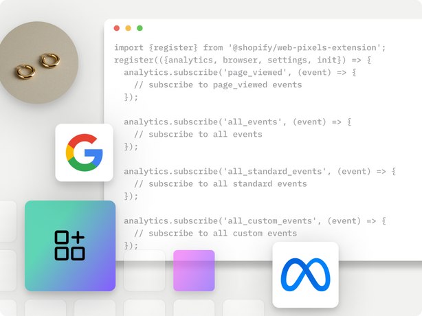 Collage of gold earrings, Google and Meta app logos, and a computer pop-up window featuring raw data to connect API.