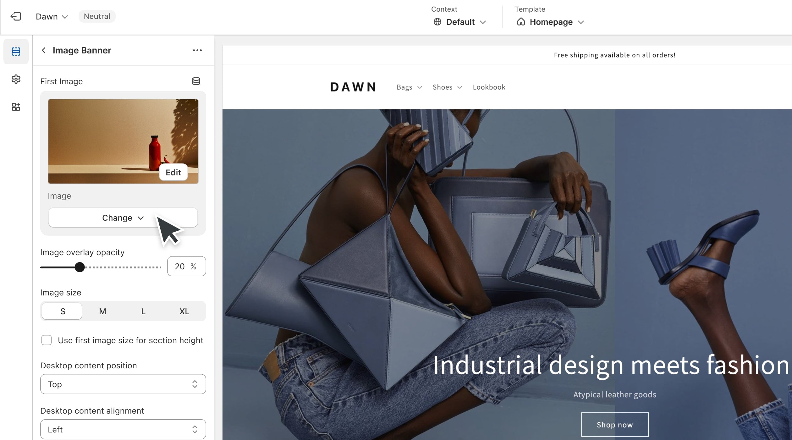 Snímek obrazovky editoru online obchodu Shopify