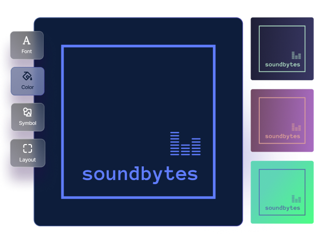 Logo Maker editor UI displaying big blue logo and smaller logos in different colors.