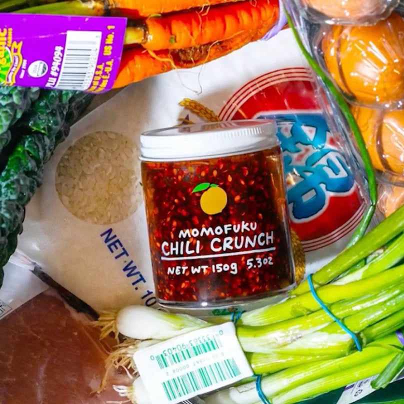 Various food ingredients with Momofuku chili crunch