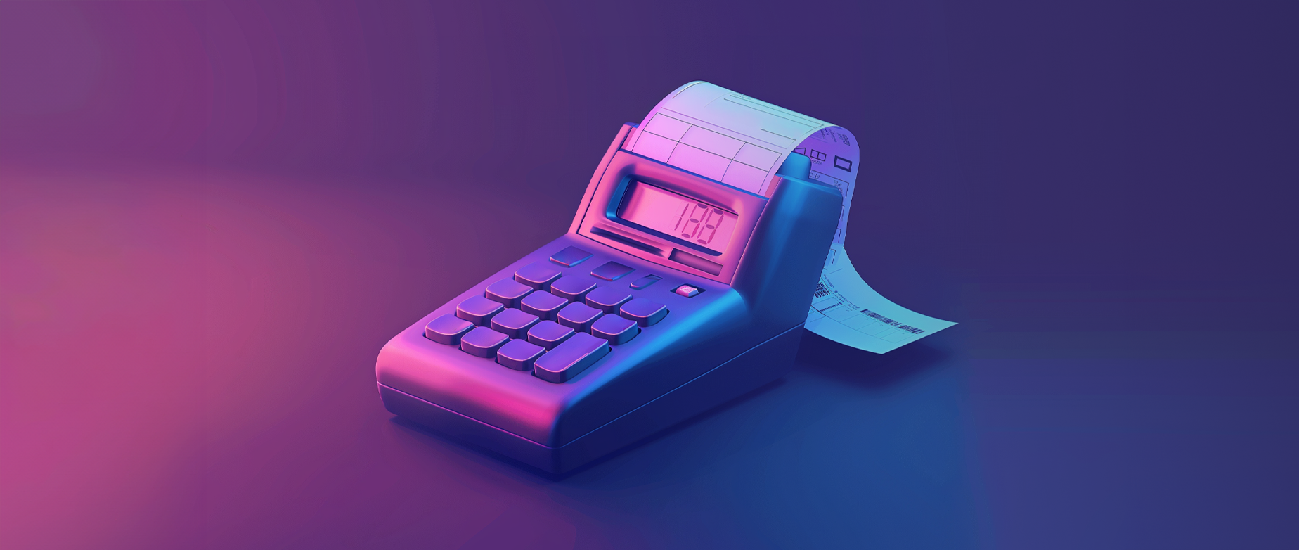 A handheld printing calculator on a blue pink background.
