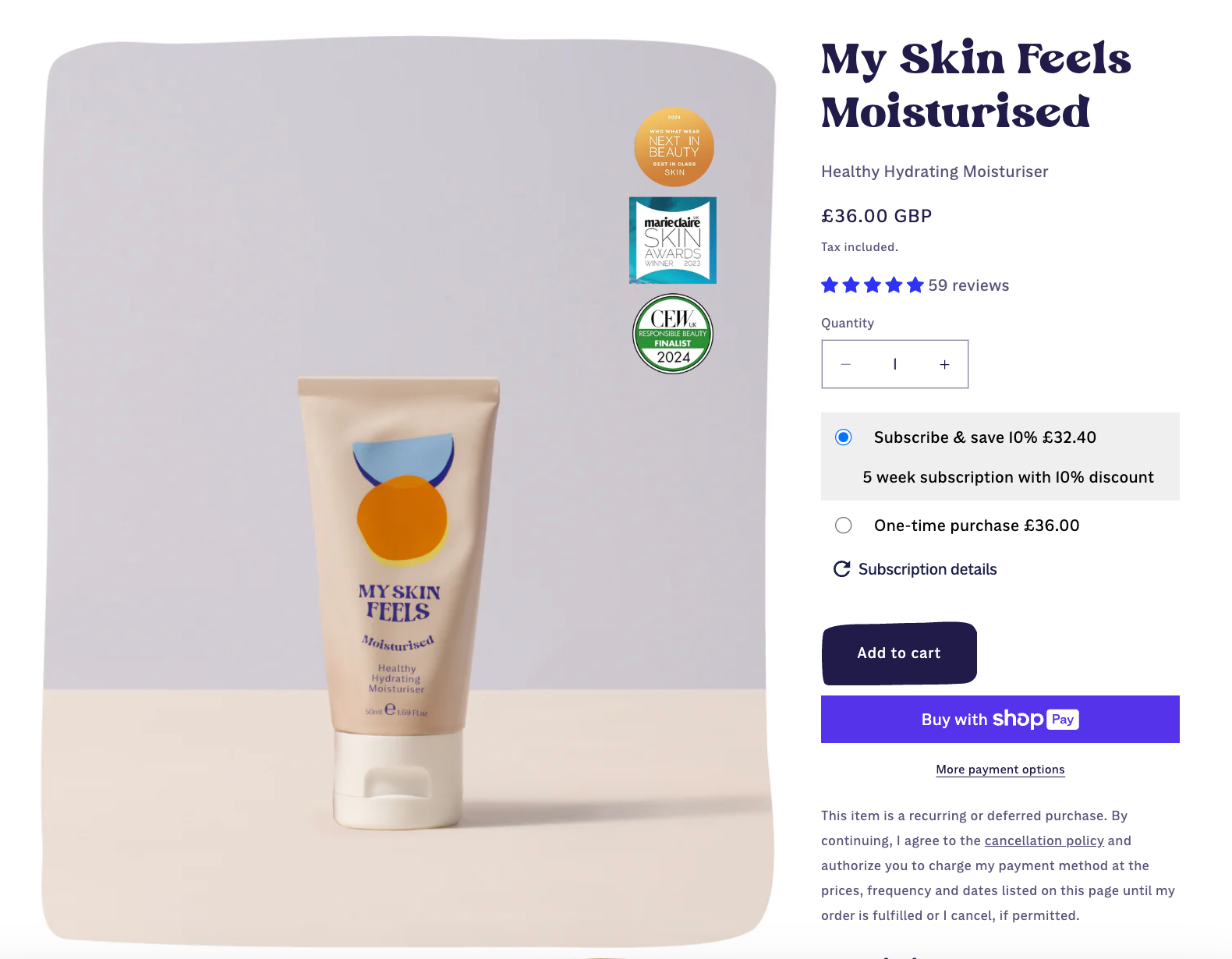 Tan tube of My Skin Feels brand face moisturizer