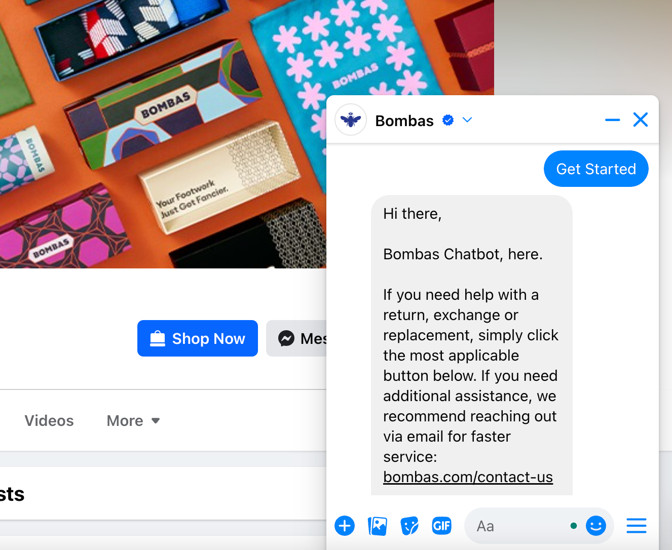 Bombas’ Facebook page has an automated chatbot set up to answer common queries.