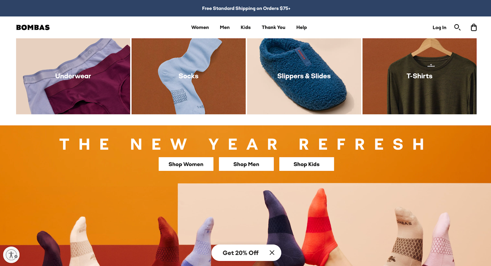 The Bombas website features fall colors and a blue accent.