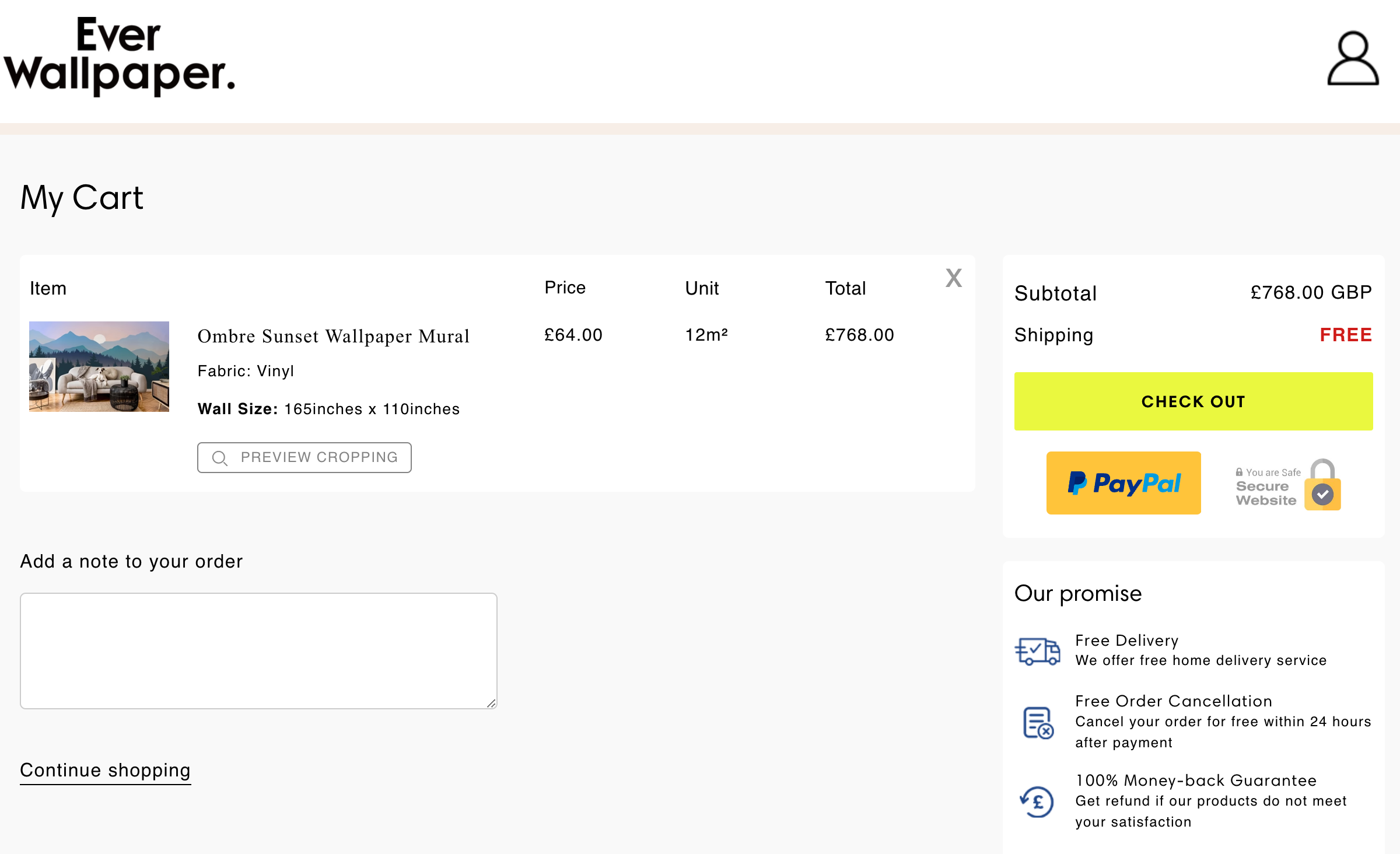 Checkout page for Ever Wallpaper's ecommerce site