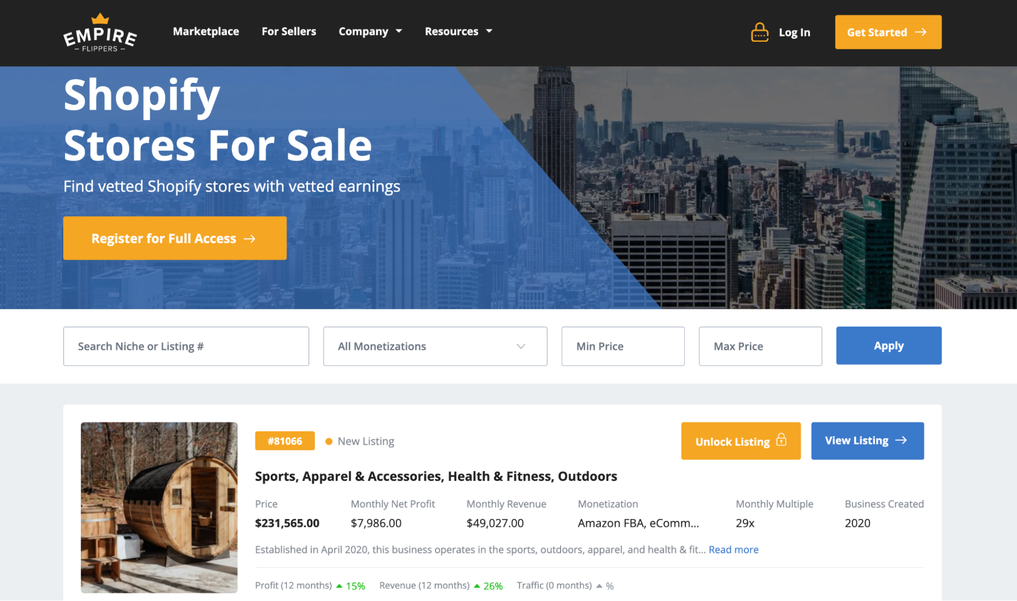 A sports and outdoors Shopify store listed for sale on Empire Flippers