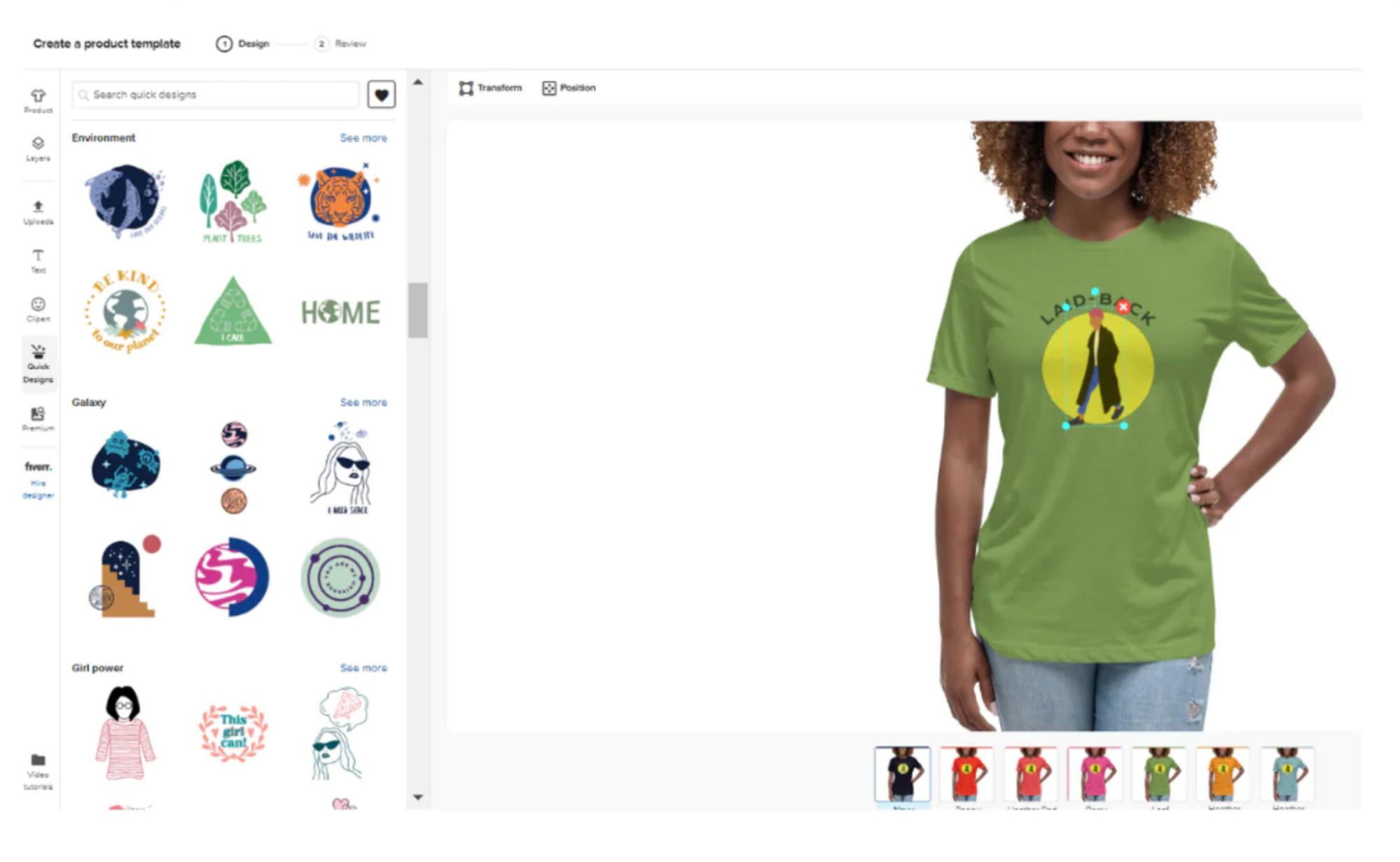 Print-on-demand design tool showing a person modeling a green t-shirt with a graphic.