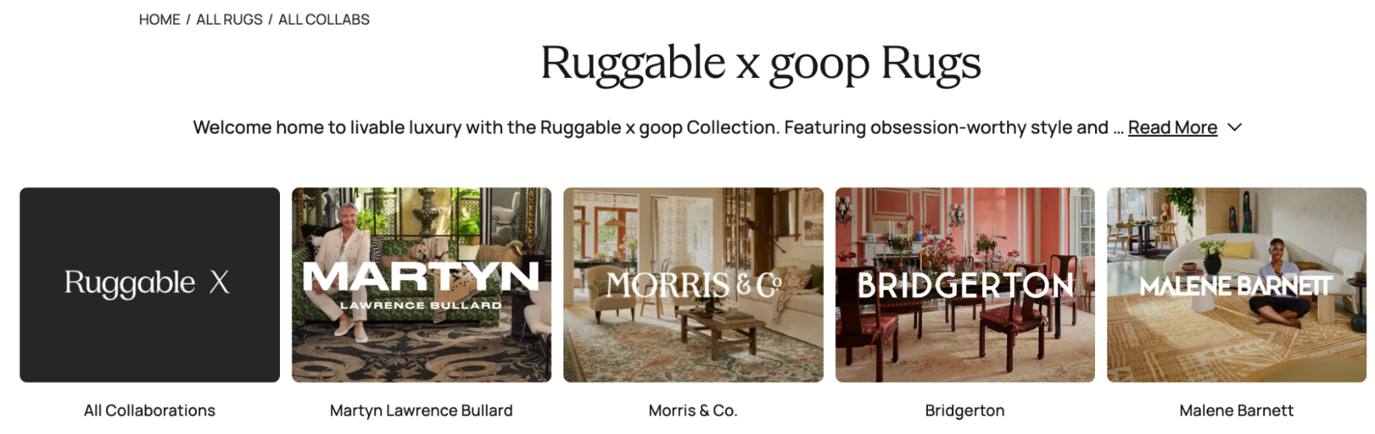 Four thumbnail images of Ruggable’s partnerships with famous brands.