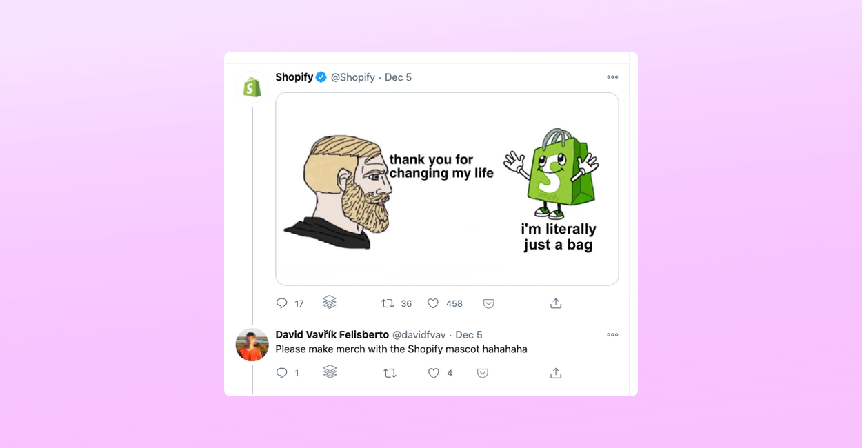 Tweet of a meme with Shoppy (a shopping bag with a face), with a fan asking for Shopify merch