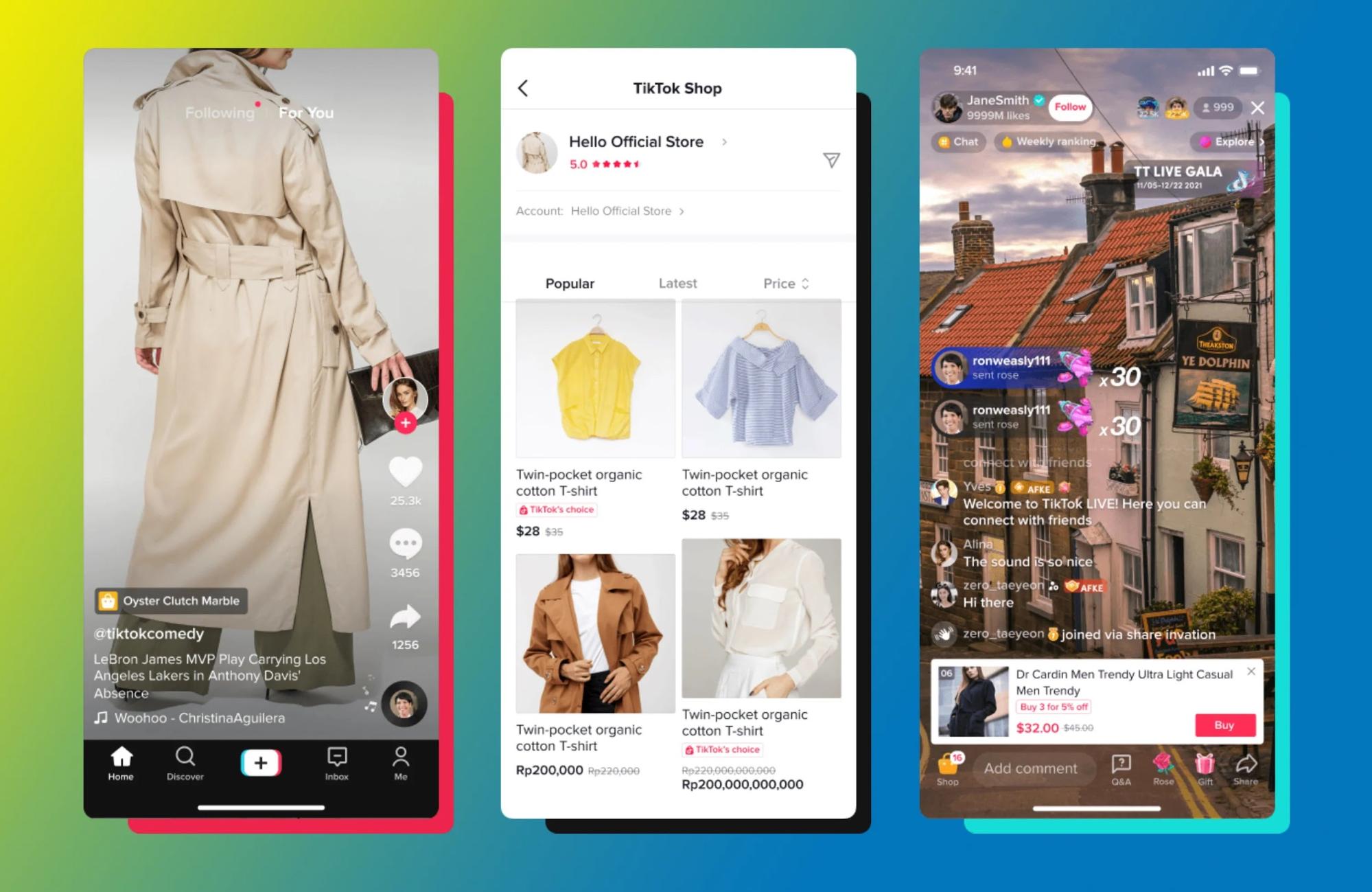 Three TikTok screens showing a fashion video, TikTok Shop with product prices, and a live event.