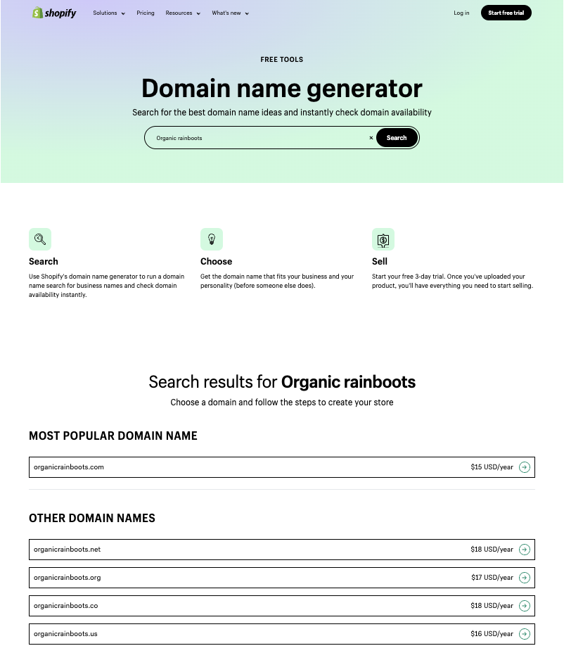 screenshot of the Shopify domain name generator