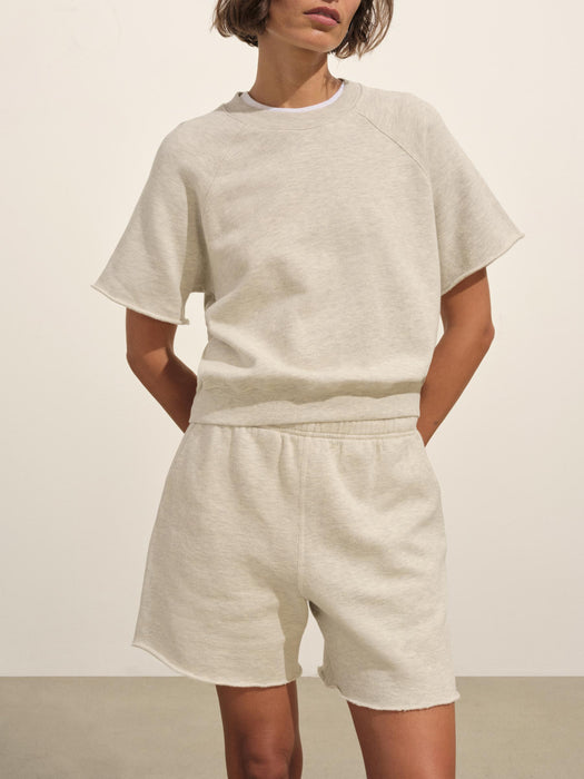 View of the Heather Oat Vintage Interloop Cut Off Sweatshort
