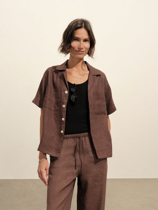 Model wearing Crosshatch Linen Camp Shirt
