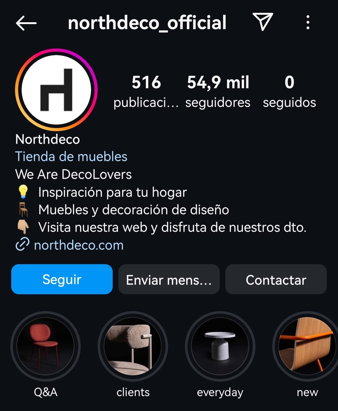biografía de Instagram de tienda Shopify Northdeco