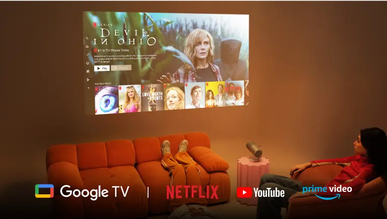 XGIMI MoGo 4 Laser Mobiler Triple-Laser-Projektor -  Entertainment – wo immer du willst Alles, was du liebst, ist schon drin  Netflix, Google TV, Prime Video und vieles mehr sind schon mit an Bord – so nimmst du deine Lieblingsfilme und -serien ganz einfach in jeden Raum bei dir zuhause mit.