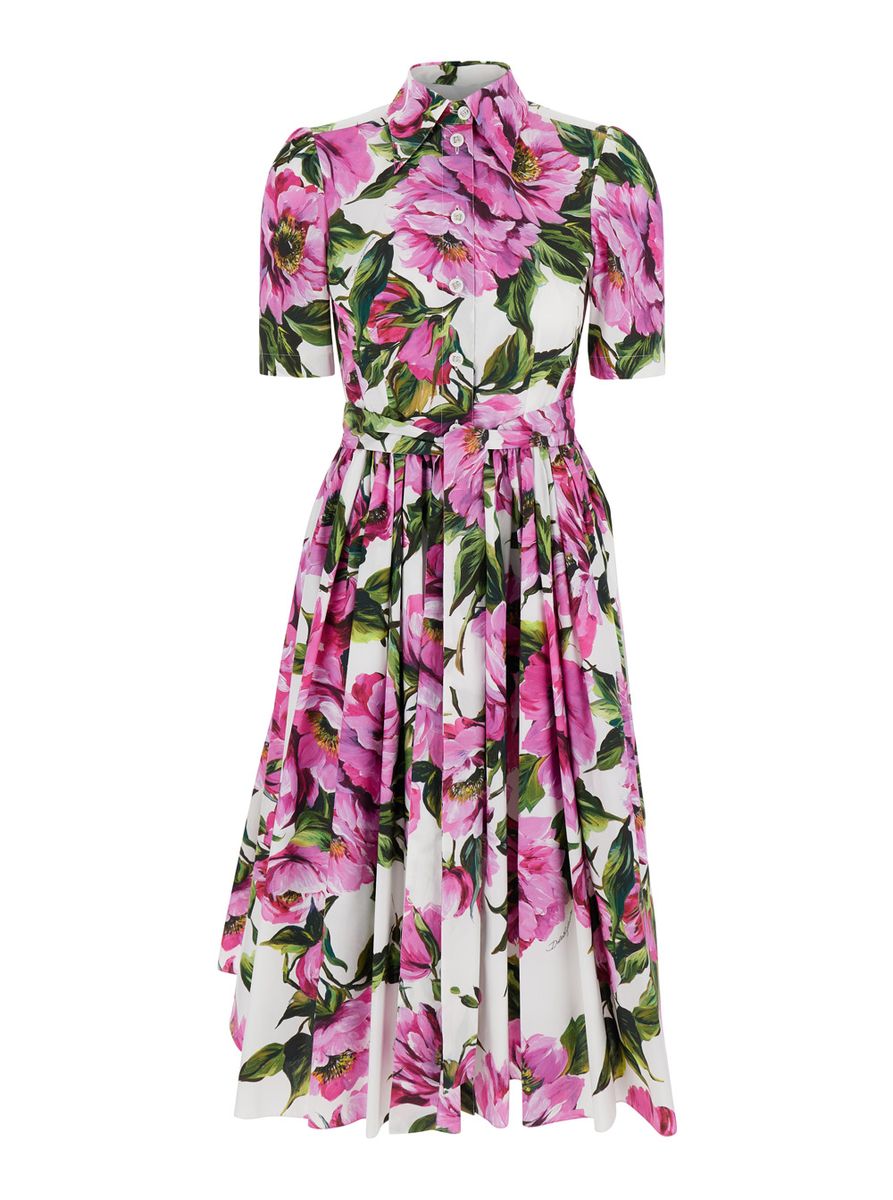 Shop Dolce & Gabbana Pink Crewneck Dress With Logo Lettering Detail On The Front And All-over Floral Motif In Cotton Woma