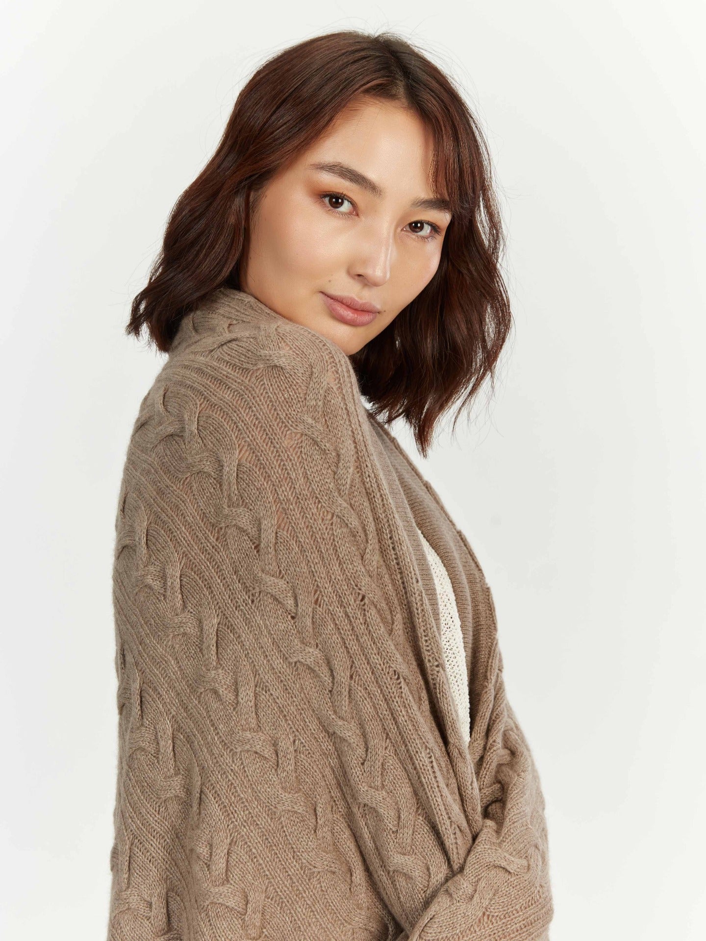 Kaszmir Unisex Koc Z Dzianiny Warkoczowej Szarobrązowy - Gobi Cashmere