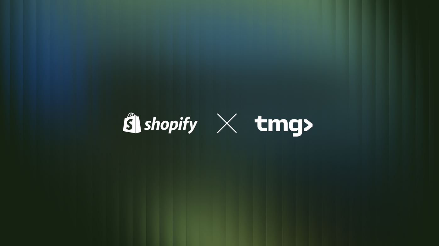 TMG and Shopify logos in a lock up on a green gradient background
