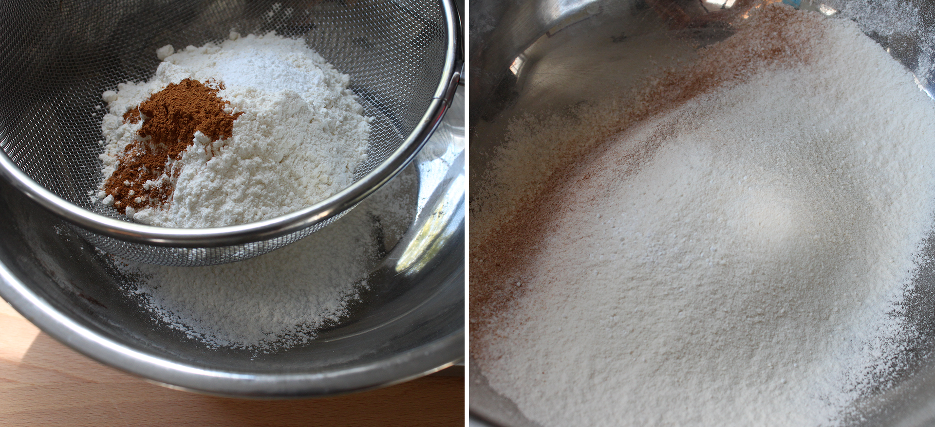 Sift the flour, salt, baking powder and cinnamon Sift the flour, salt, baking powder and cinnamon
