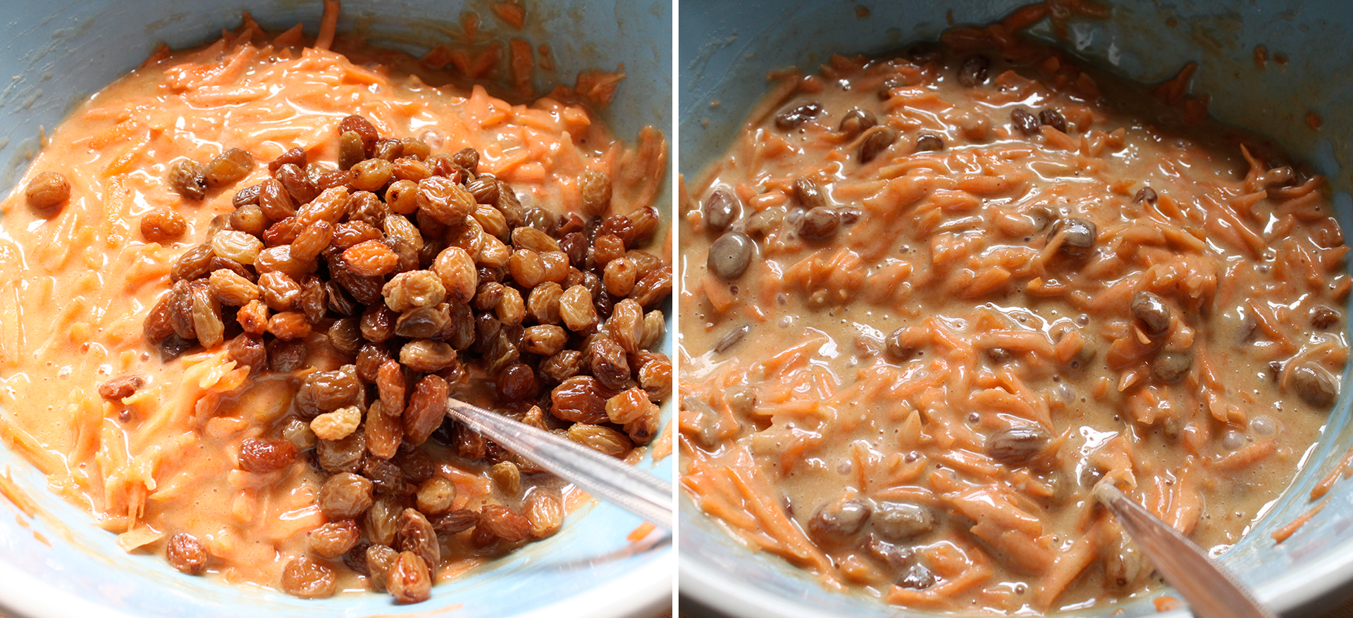 Add raisins to the mixture Add raisins to the mixture