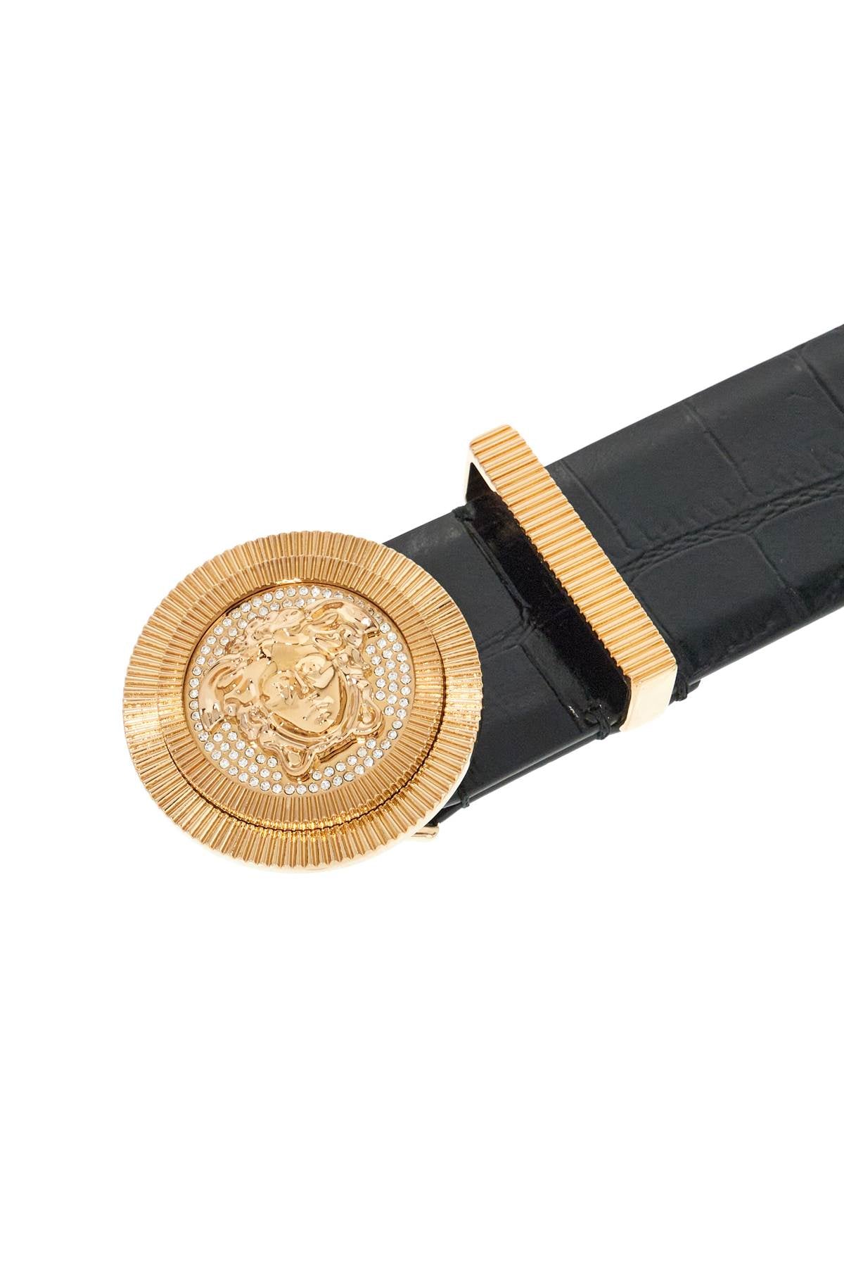 Shop Versace Black Embossed Crocodile Calfskin Belt With Rhinestones 40mm