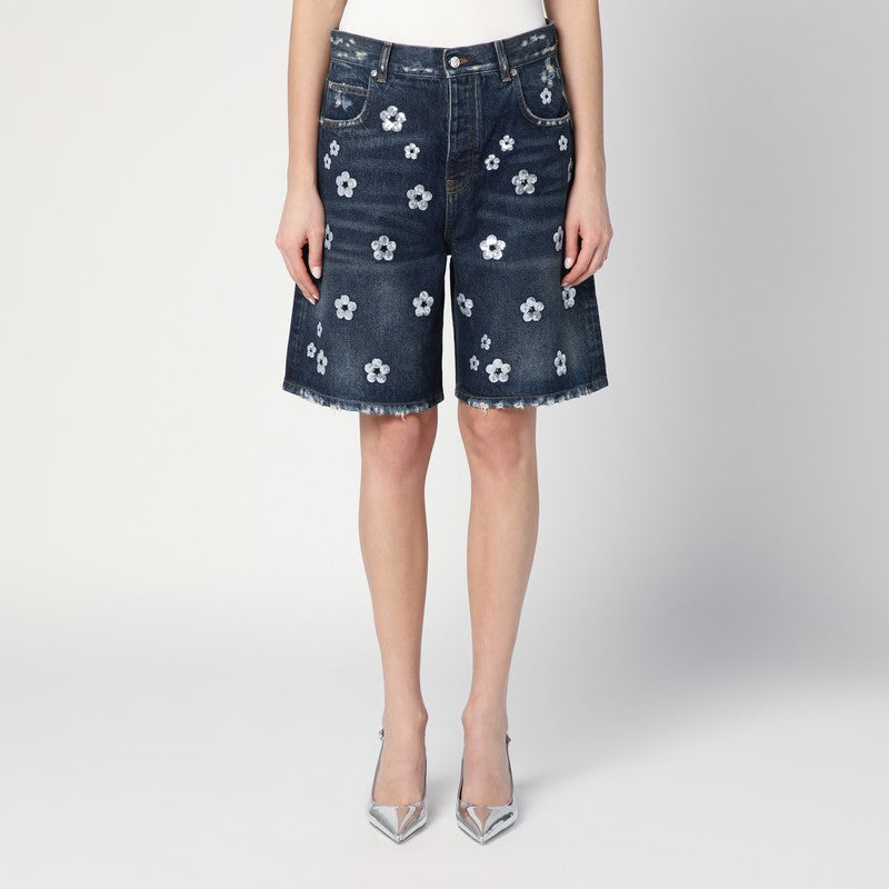 Marc Jacobs Denim Bermuda Shorts With Daisy Sequins
