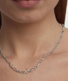 Close-up of a woman wearing the Mini Paperclip Necklace, featuring multi-size links and a sleek, customizable design.