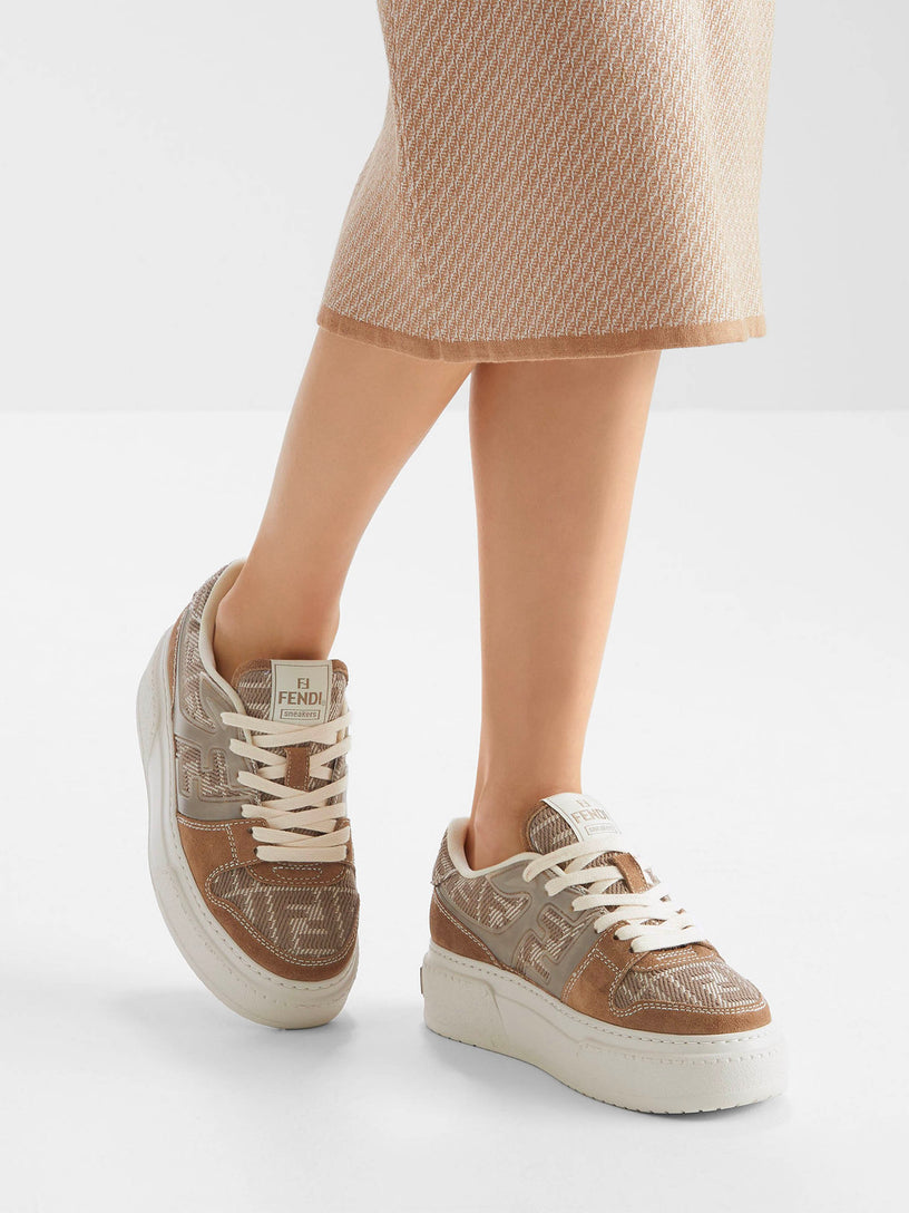 Fendi Match Canvas And Suede Low-top Sneakers In Cream