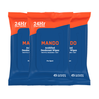 Three packs of Mando deodorant wipes for odor control, suitable for underarms, private areas, and feet.