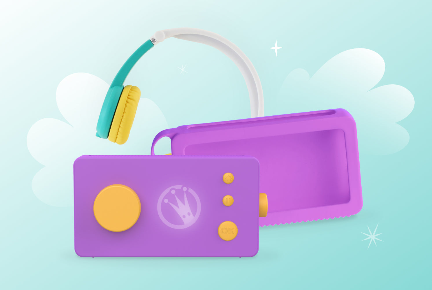 Pack - Ma Fabrique à Histoires violette, sa coque de protection violette et son casque audio