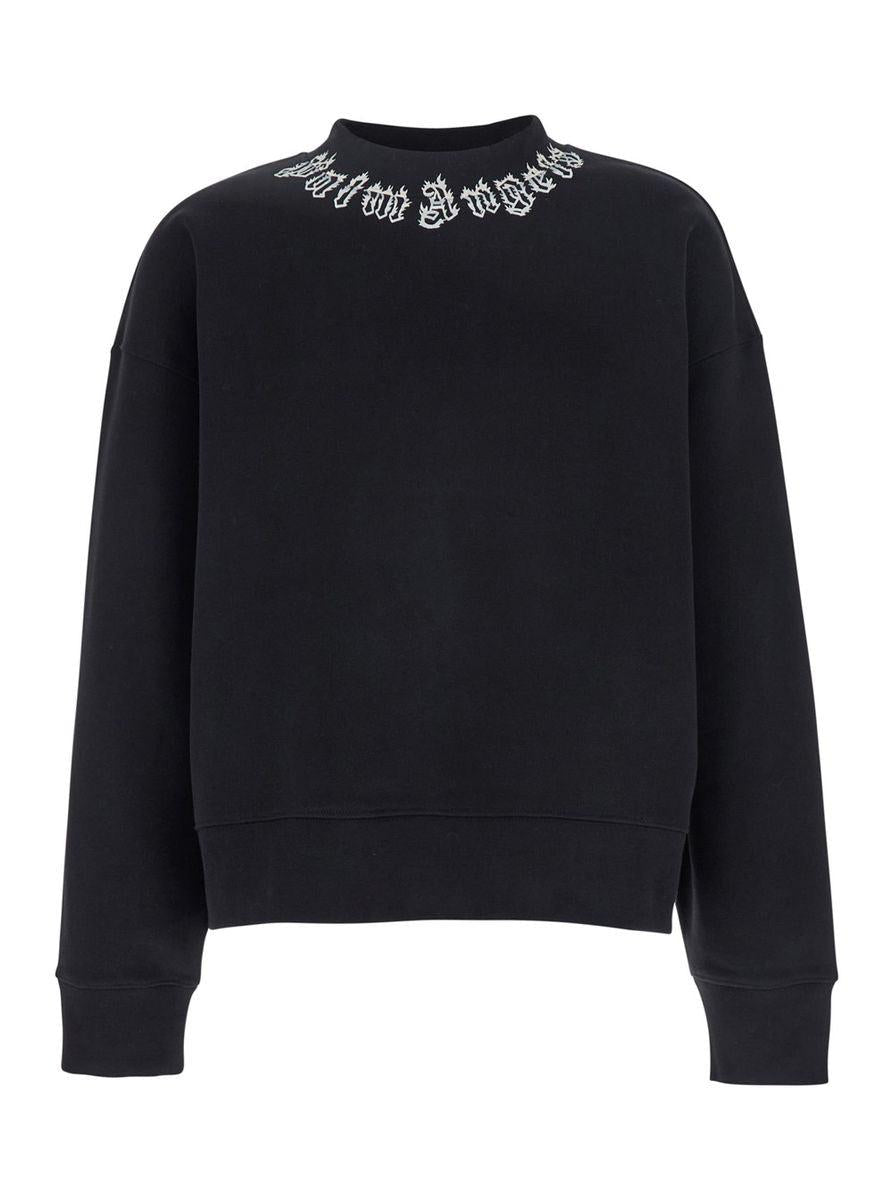 PALM ANGELS BLACK CREWNECK SWEATSHIRT WITH LOGO LETTERING ON THE NECK IN COTTON MAN