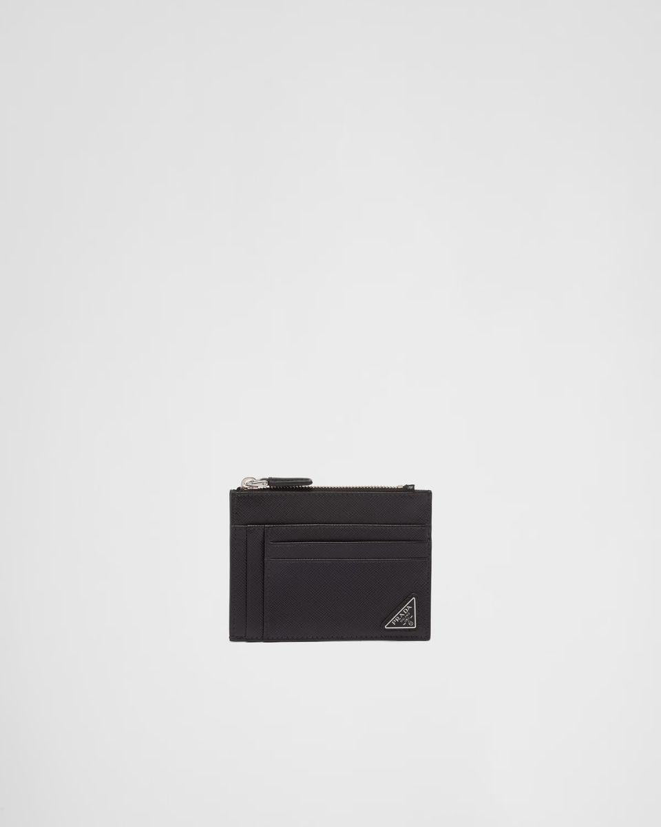 Prada Triangle Logo Saffiano Leather Cardholder In Black