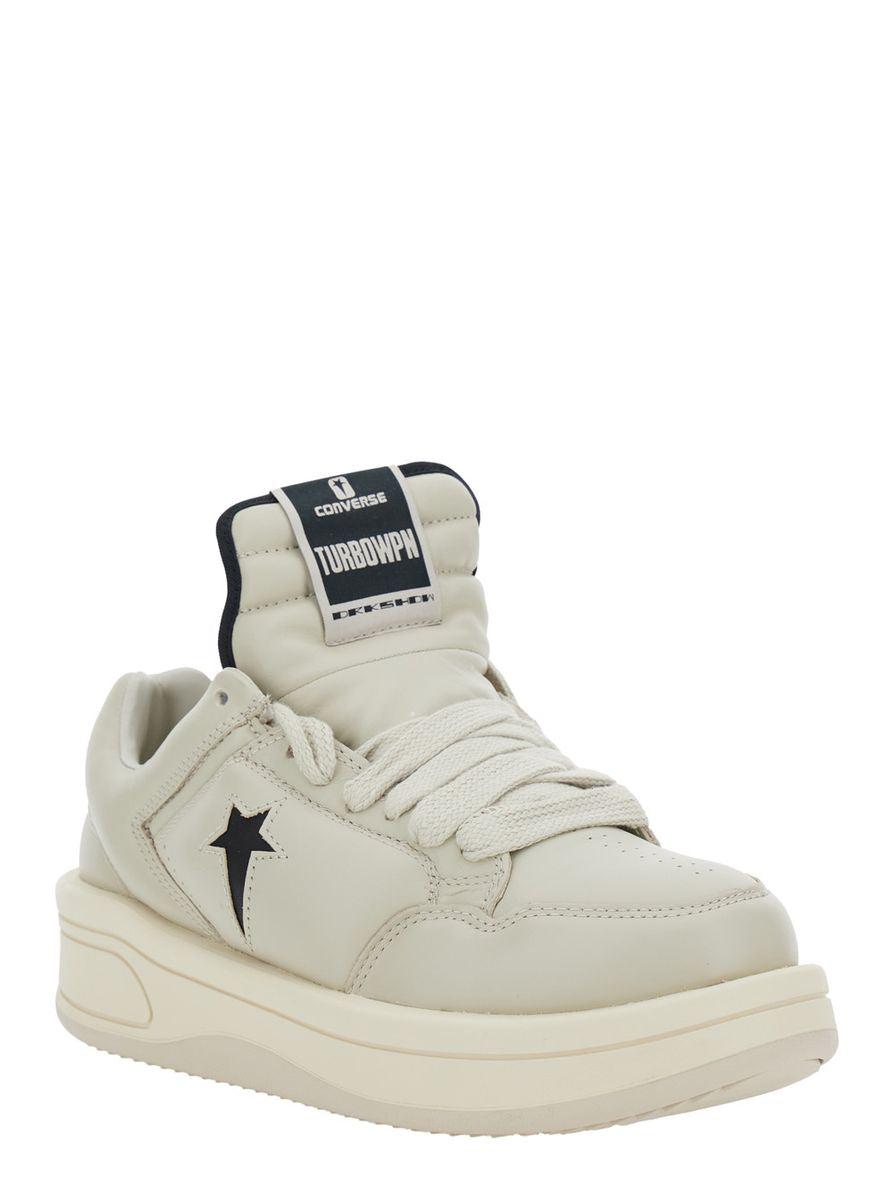 Rick Owens Drkshdw 'turbowpn' White Low Top Sneakers With Logo Detail And Elongated Tongue