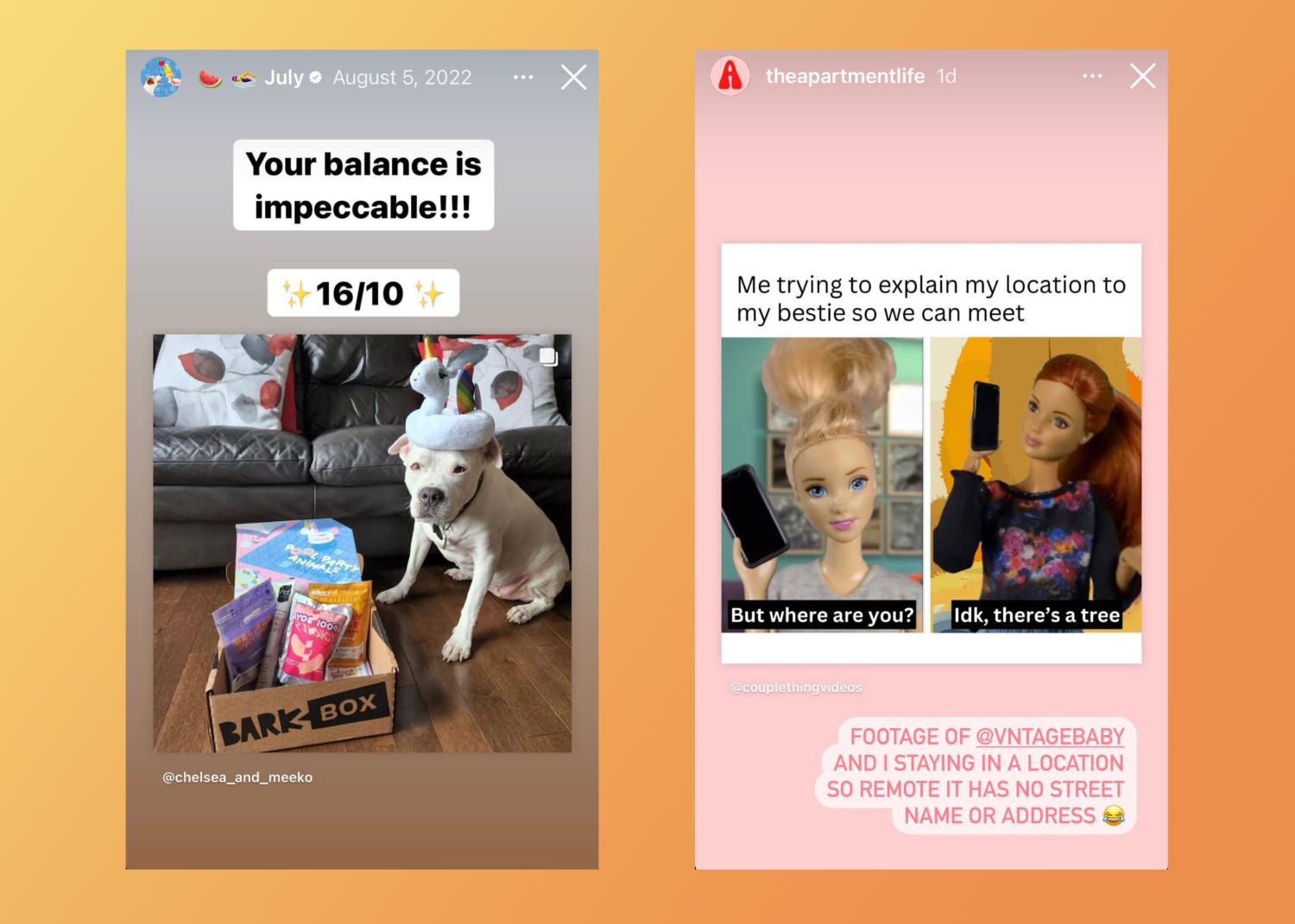 Exemplo de story no Instagram compartilhando memes e tendências
