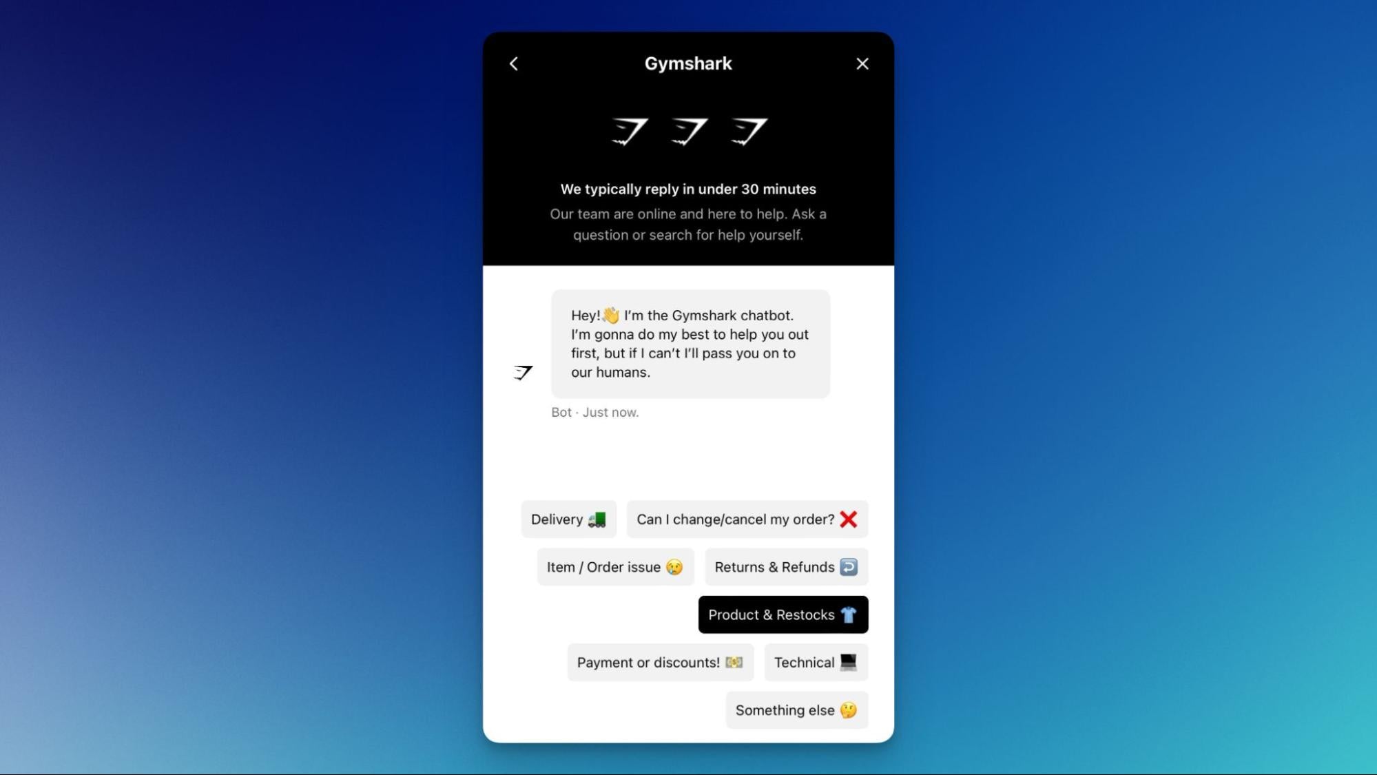 Image of Gymshark’s website chatbot in action