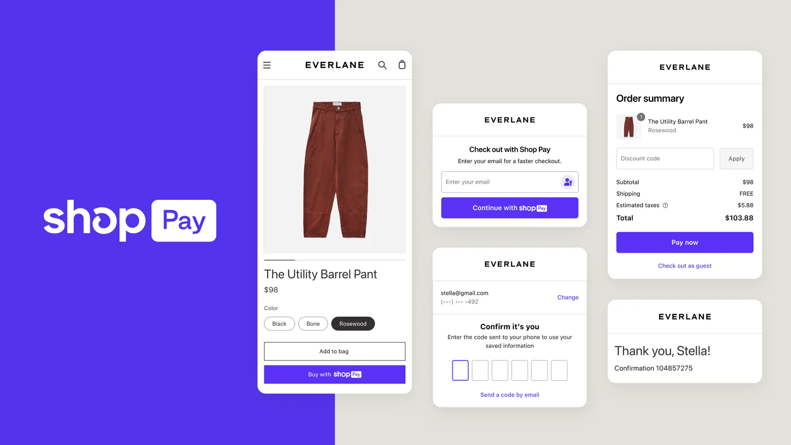 Shop Pay screenshots showing the seamless checkout process for a pair of burgundy trousers.