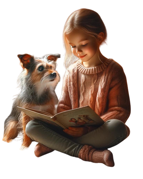 A book that kids will love with a mission to save dogs. Girl with her rescue dog reading a book