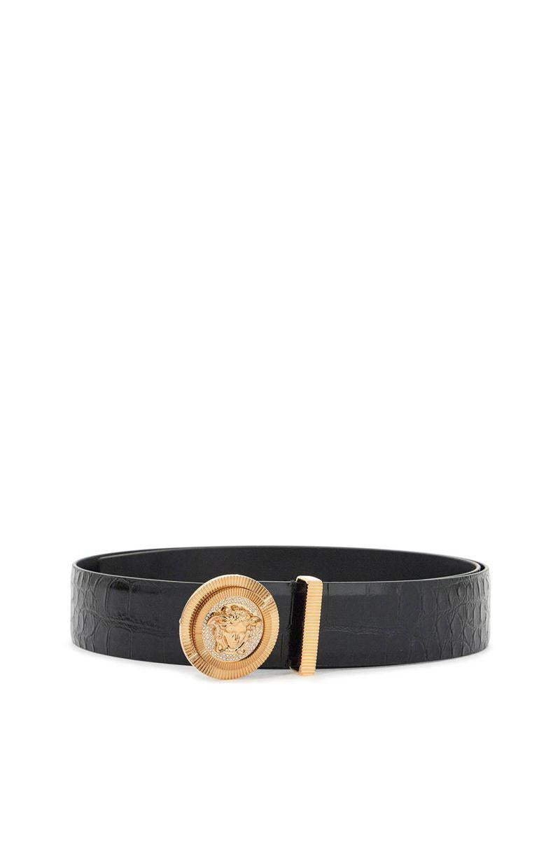 Shop Versace Black Embossed Crocodile Calfskin Belt With Rhinestones 40mm