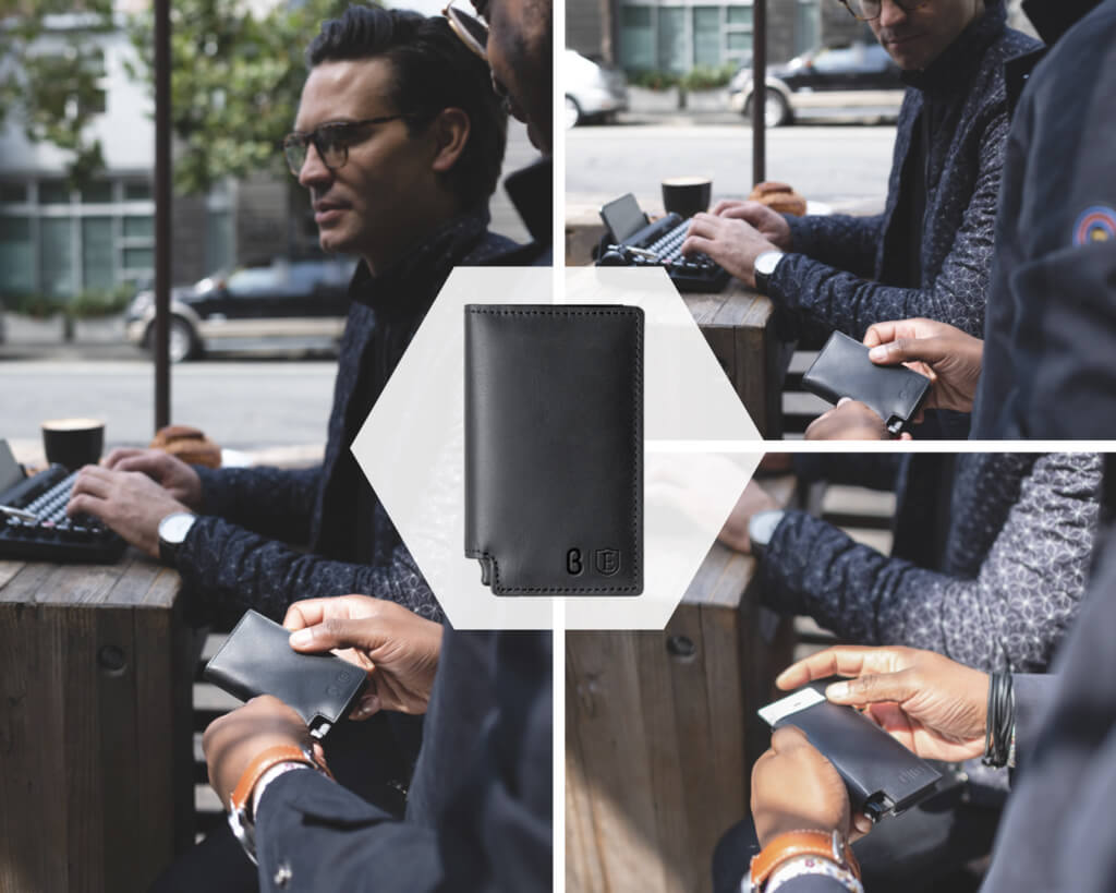 A collage of images showcasing two men, one of whom is using the Ekster travel security wallet. The innovative wallet is also superimposed in the middle of the image, with the b8ta logo alongside Ekster's own.