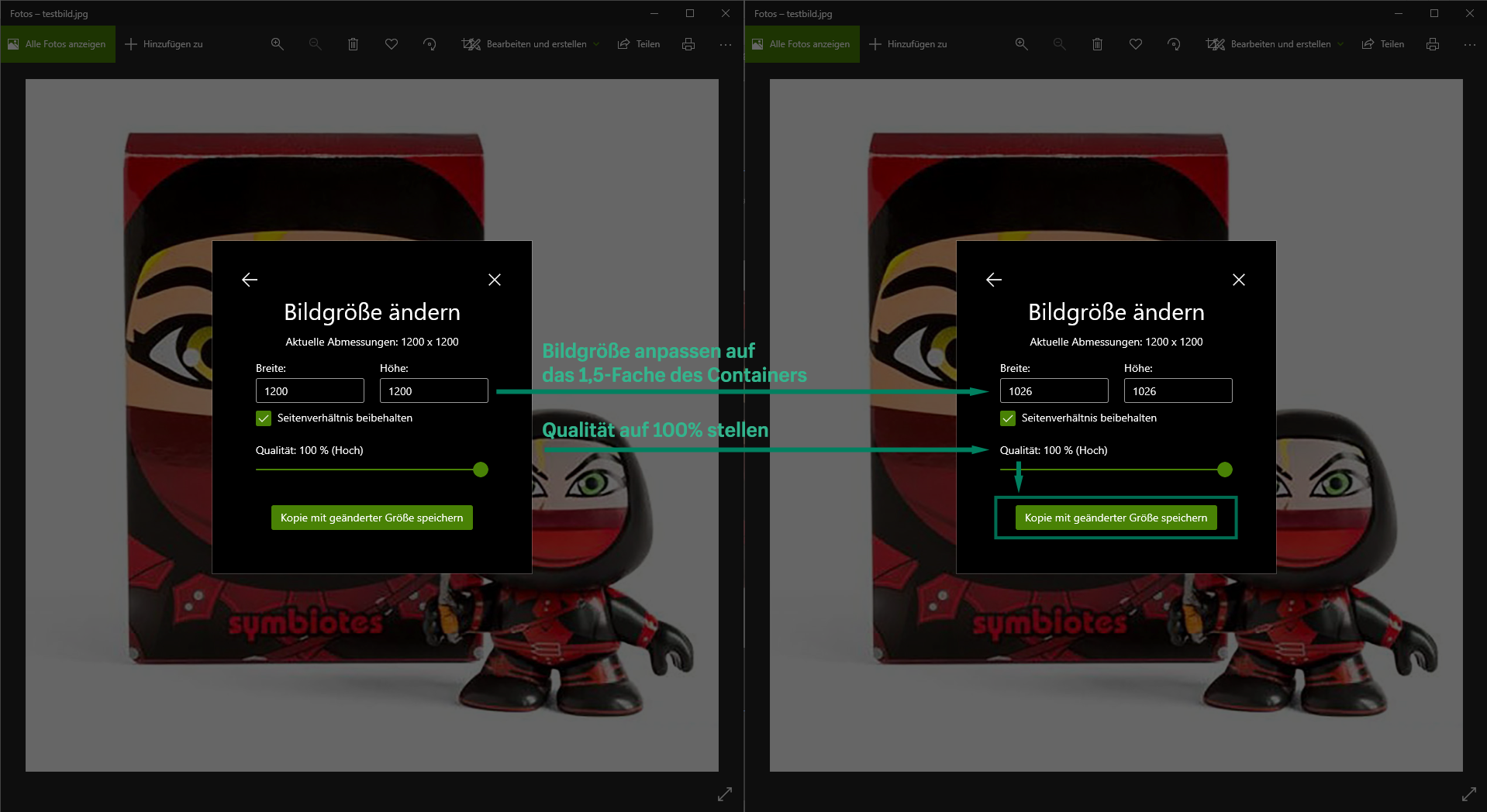Screenshot von Microsoft Fotos mit Anweisungen zum Anpassen der Bildgröße